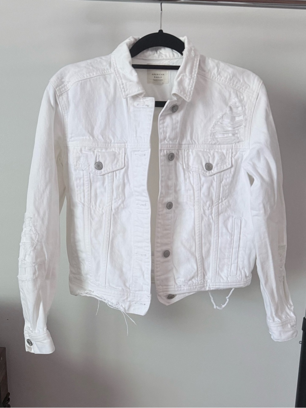 American Eagle White Distressed Denim Jacket Small Frayed Hem Cottagecore